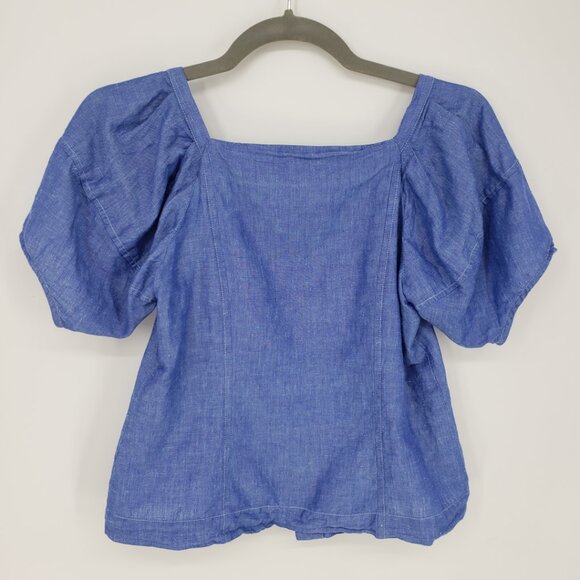 Ann Taylor Puff Sleeve Square Neck Top XXSP Linen Cotton Blend Button Down Blue - Picture 4 of 9